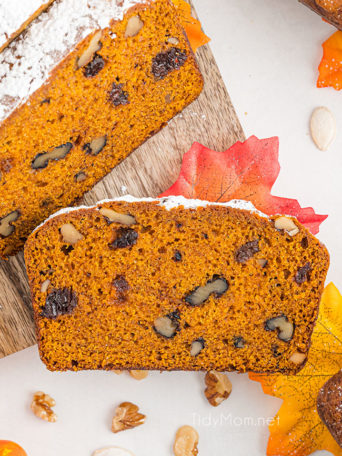 a piece of pumpkin bread sliced from the loaf