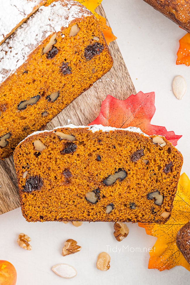 a piece of pumpkin bread sliced from the loaf