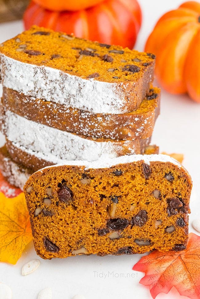 a stack of slices of pumpkin bread