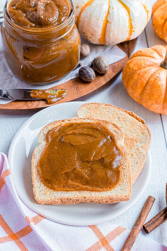 slice of bread with pumpkin butter smeared on top