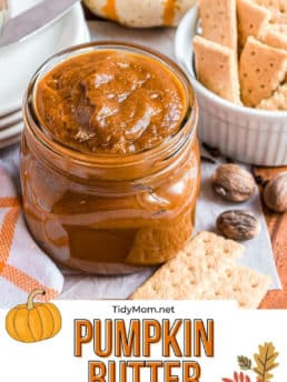 homemade pumpkin butter in a jar with crackers
