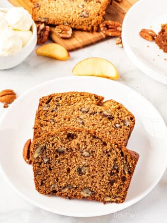 two slices of cinnamon apple bread on a plate