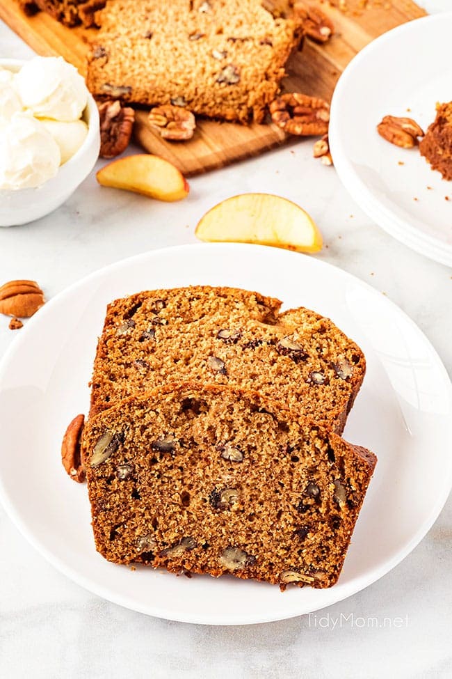 two slices of cinnamon apple bread on a plate