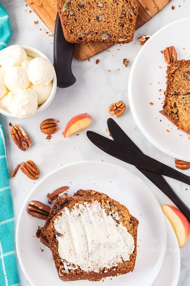 overhead view of slice of apple bread on a white plate