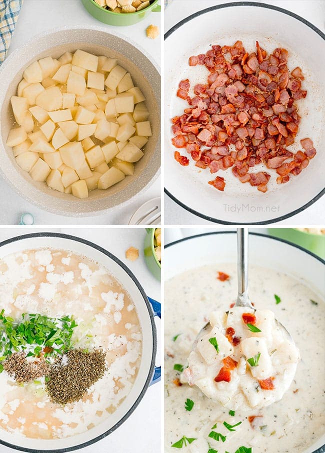 photo collage of how to make bacon potato soup