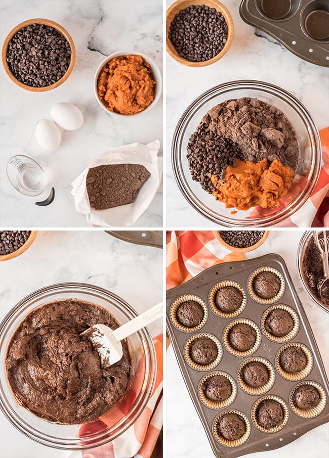 photo collage of how to make chocolate pumpkin muffin