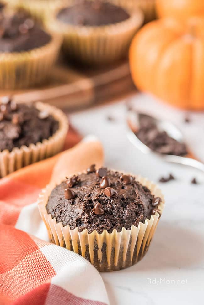 chocolate pumpkin muffin on a counter with an orange checked towel