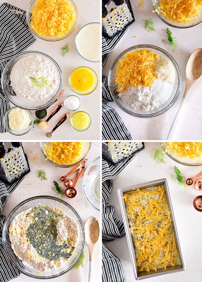 photo collage of how to make cheesy quick bread