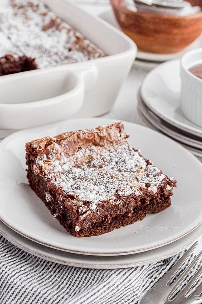 Nutella gooey butter cake on a white plate next to the cake pan