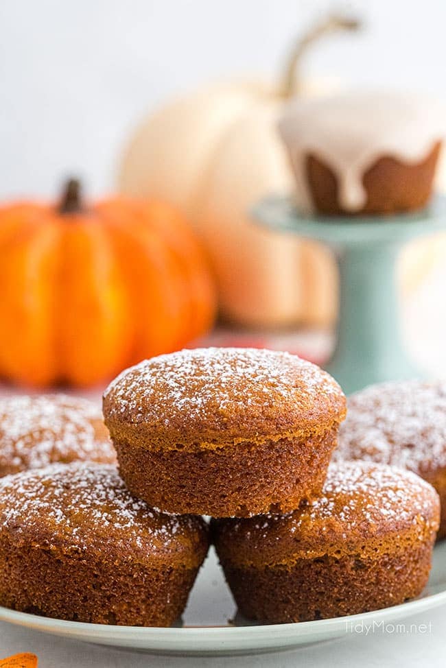 pumpkin muffins with powdered sugar on top