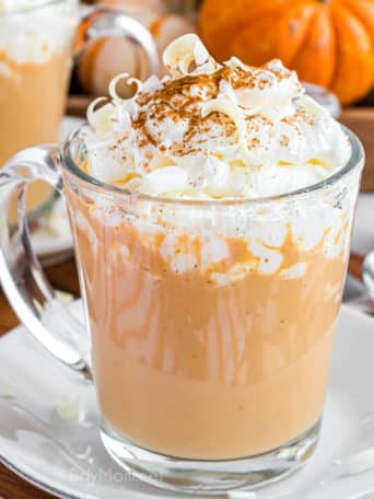 pumpkin spice hot chocolate in a glass mug