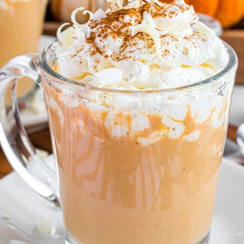 pumpkin spice hot chocolate in a glass mug