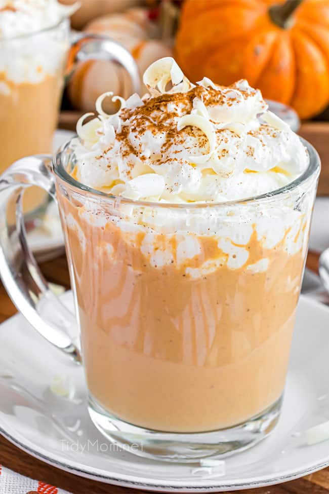 pumpkin spice hot chocolate in a glass mug 