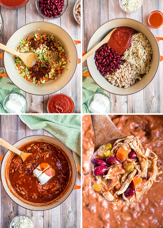 photo collage of how to make buffalo chicken chili