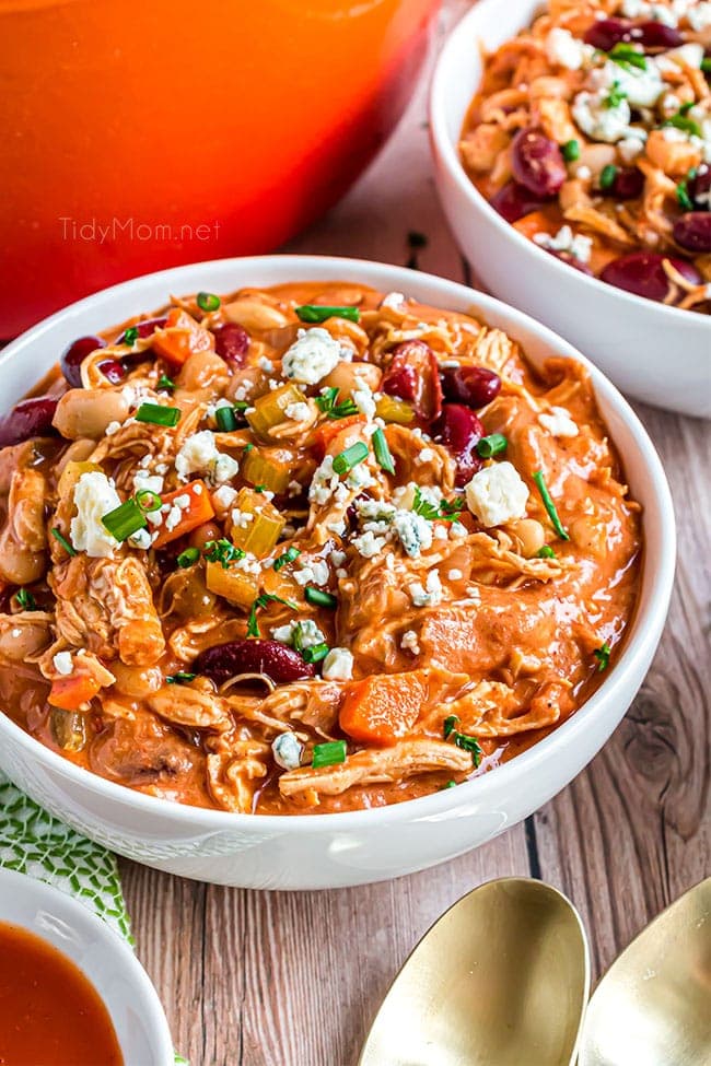 buffalo chili with chicken in a white bowl
