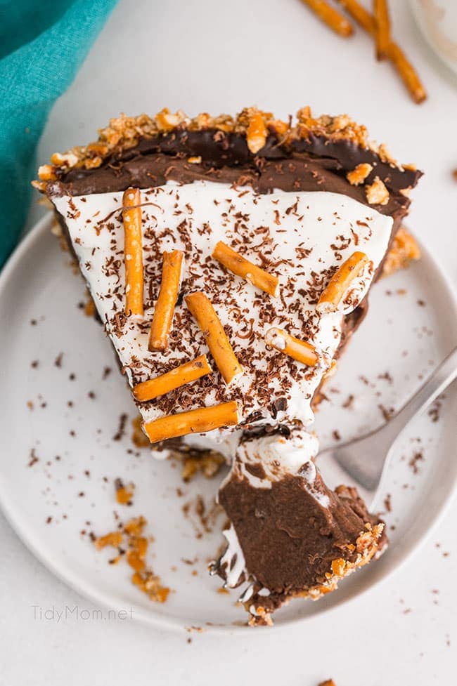 slice of chocolate pudding pie, with a bite on a fork