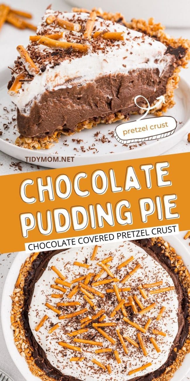 chocolate pudding pie in white pie dish and a slice on a plate