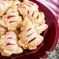 Red platter with Holiday Tree Cherry Hand Pies