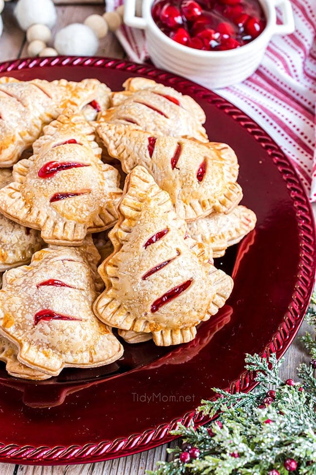 Red platter with Holiday Tree Cherry Hand Pies