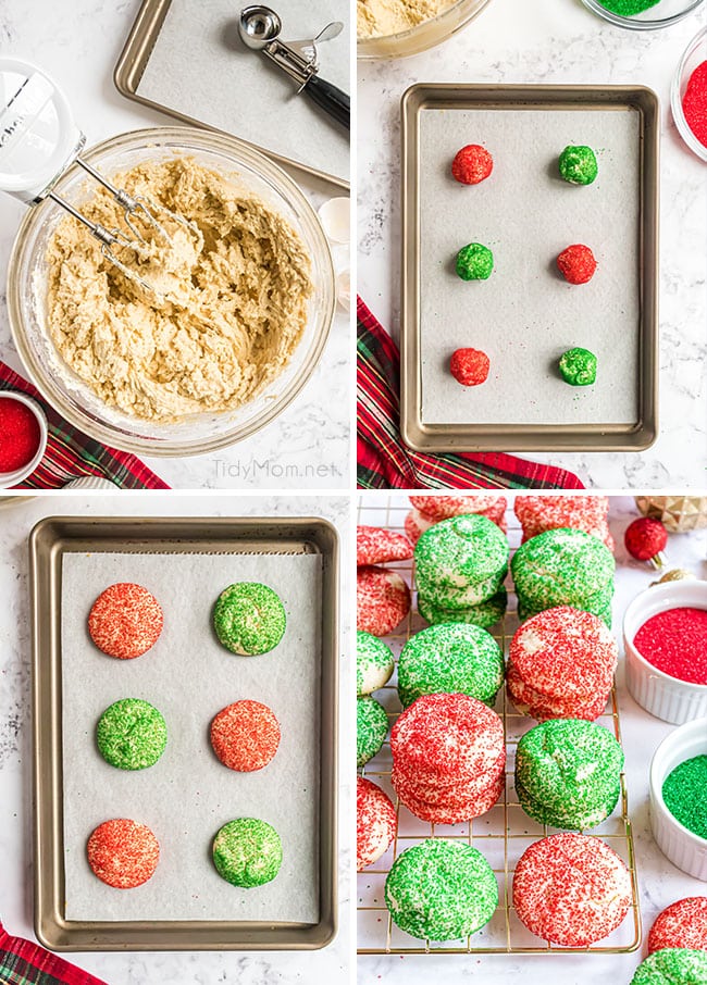 photo collage of how to make red and green Christmas drop cookies