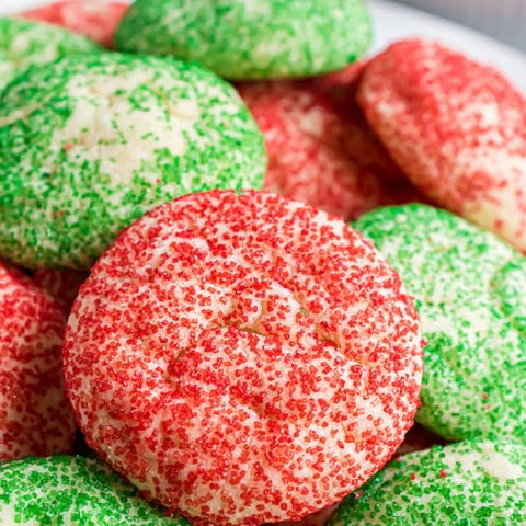 A pile of red and green Christmas drop cookies