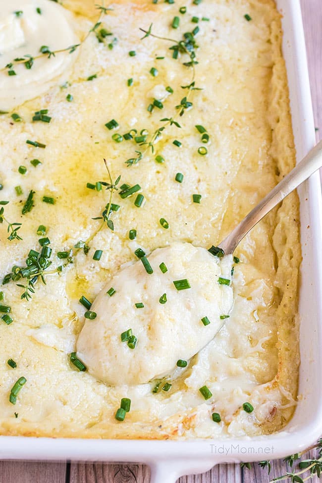 white casserole dish with mashed potatoes