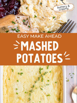 mashed potatoes in a casserole dish and a serving on a plate