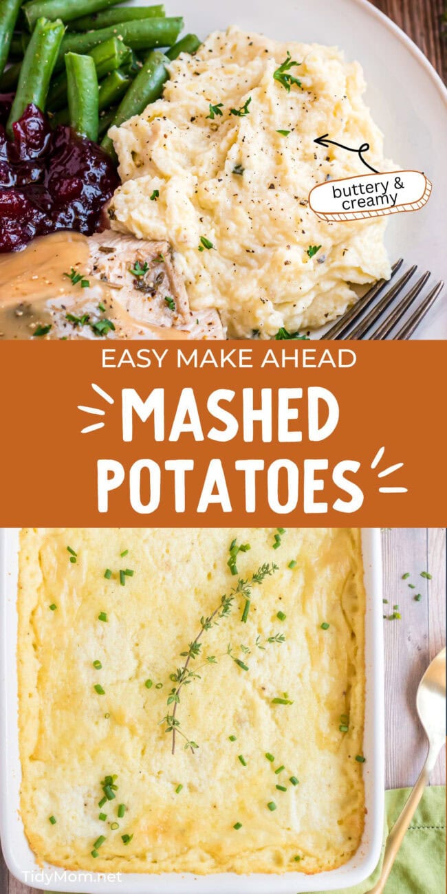 mashed potatoes in a casserole dish and a serving on a plate