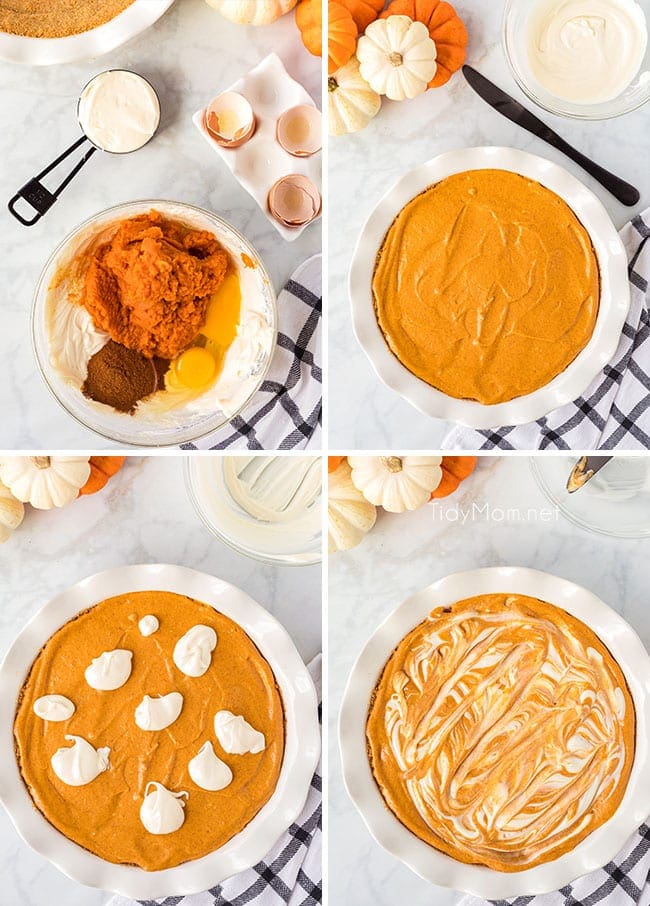 photo collage of how to make s'mores PUMPKIN CHEESECAKE PIE