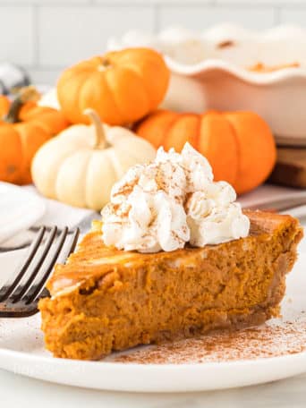 pumpkin cream cheese pie slice with whipped cream on top