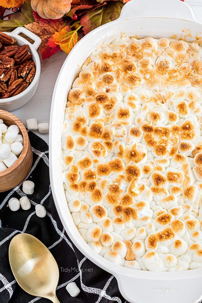sweet potato casserole with canned yams baked and topped with toasted marshmallows
