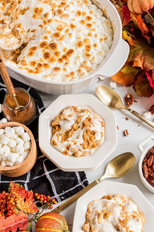 sweet potato casserole in a baking dish and on plates