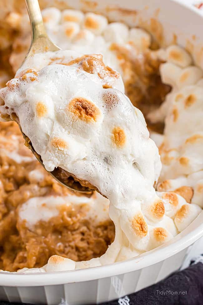 spoonful of sweet potato casserole with marshmallows