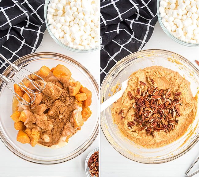 canned sweet potatoes in a glass bowl with other ingredients to make sweet potato casserole 