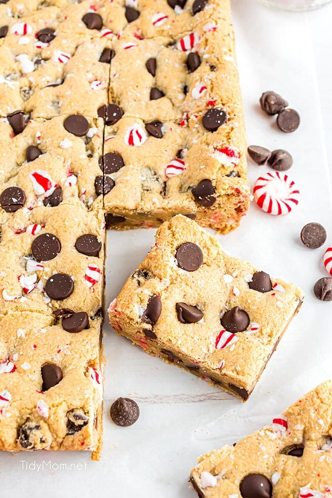 peppermint cookie bars with chocolate chips on a counter