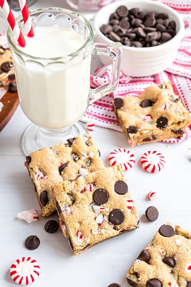 peppermint cookie bars with a glass of milk