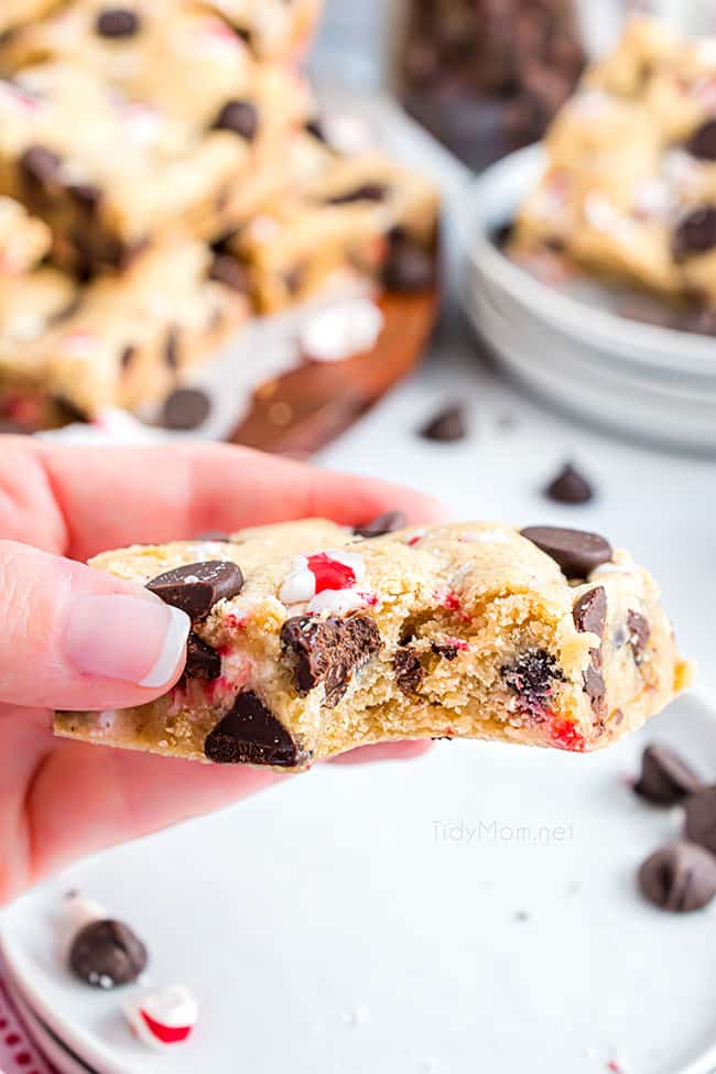 chocolate peppermint cookie bars with bite missing