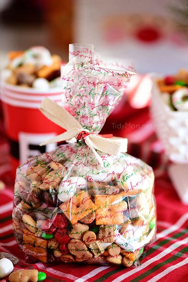 Christmas trail mix in a cellophane bag for gifting