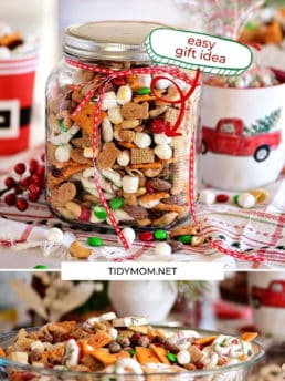 Christmas snack mix in a jar and in a bowl