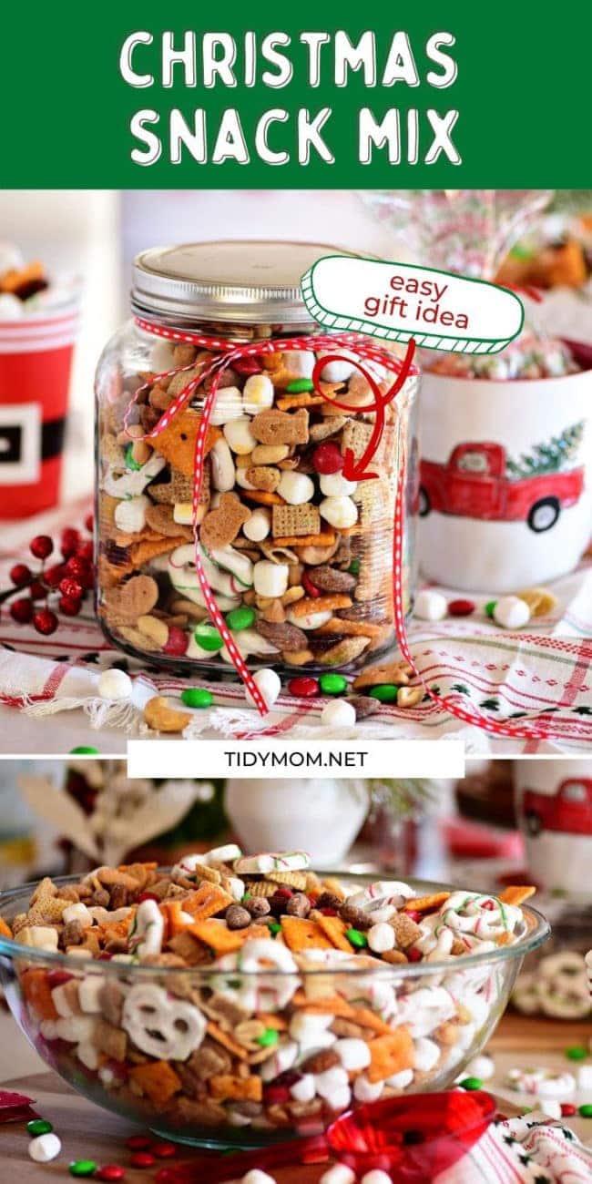 Christmas snack mix in a jar and in a bowl