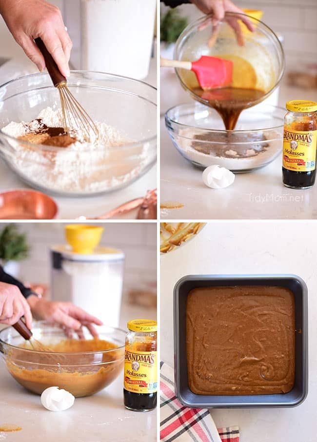 photo collage of how to make a gingerbread snack cake
