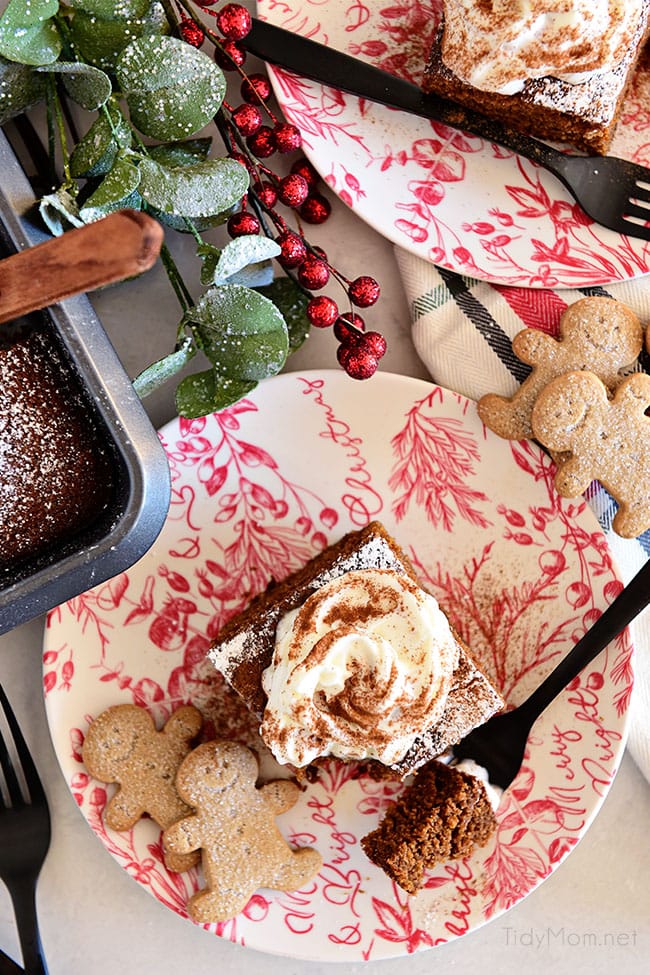 looking down at two plates with gingerbread cake