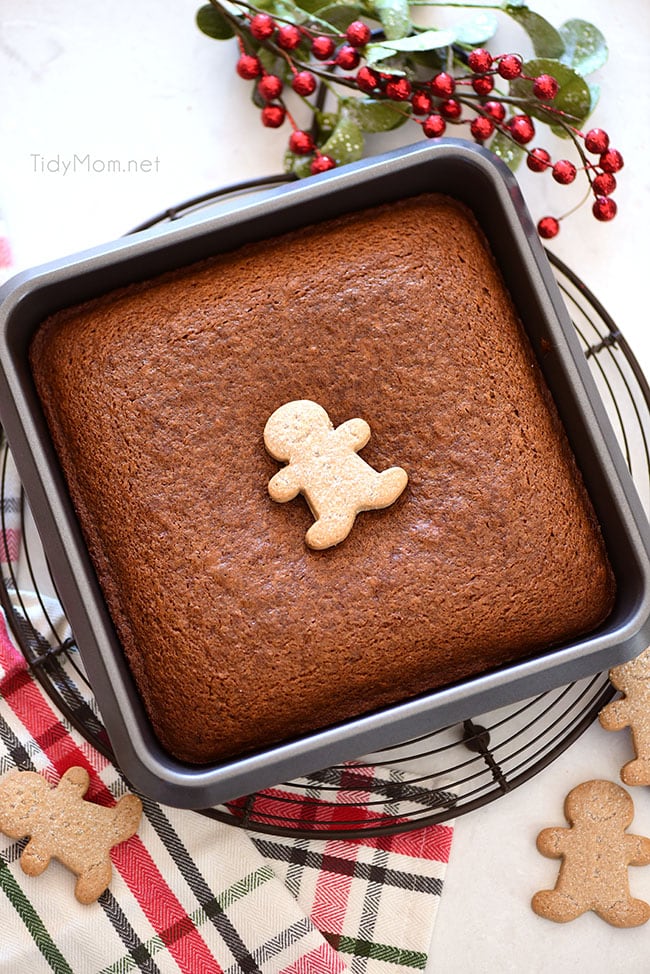 gingerbread snack cake in a square pan with a cookie on top