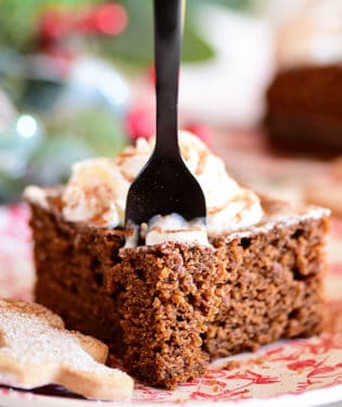 a black forking going into a serving of gingerbread cake on a red