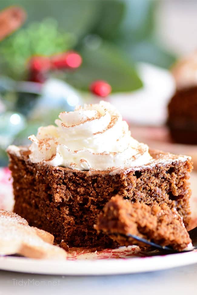 a serving of gingerbread snack cake with powdered sugar and whipped cream on top