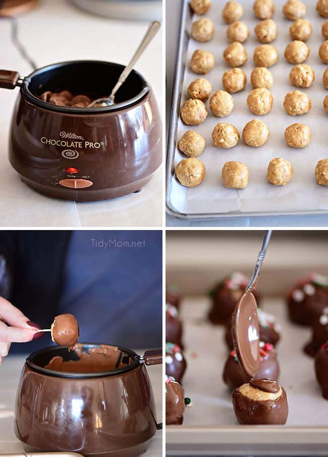 photo collage of how to make chocolate peanut butter balls