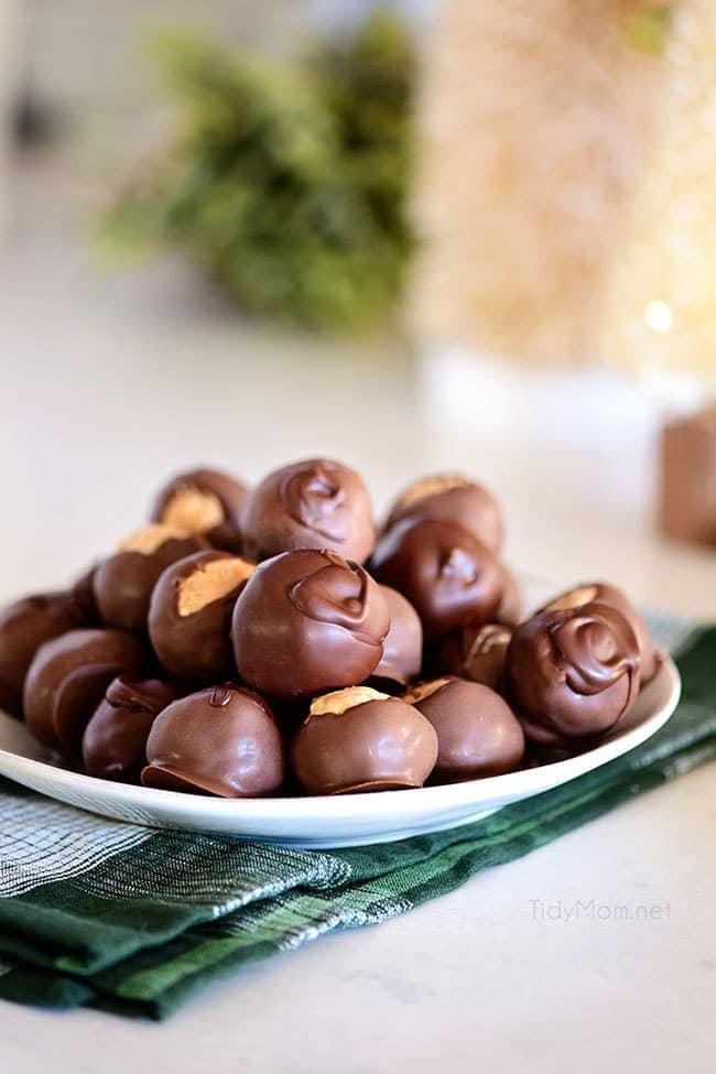 plate of homemade buckeye candy 