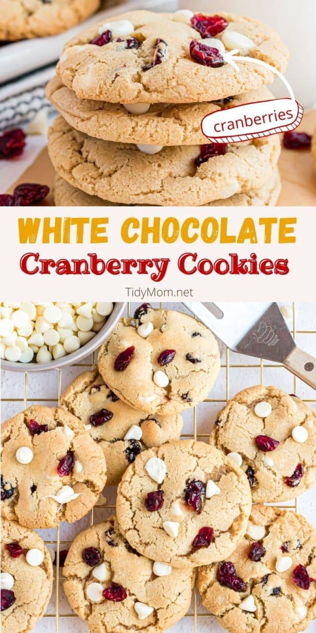 photo collage of white chocolate cranberry cookies