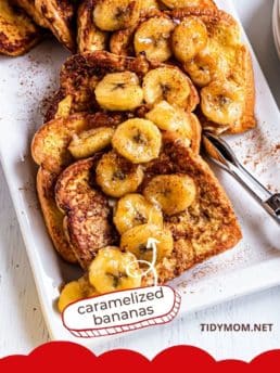 bananas foster french toast on a white platter