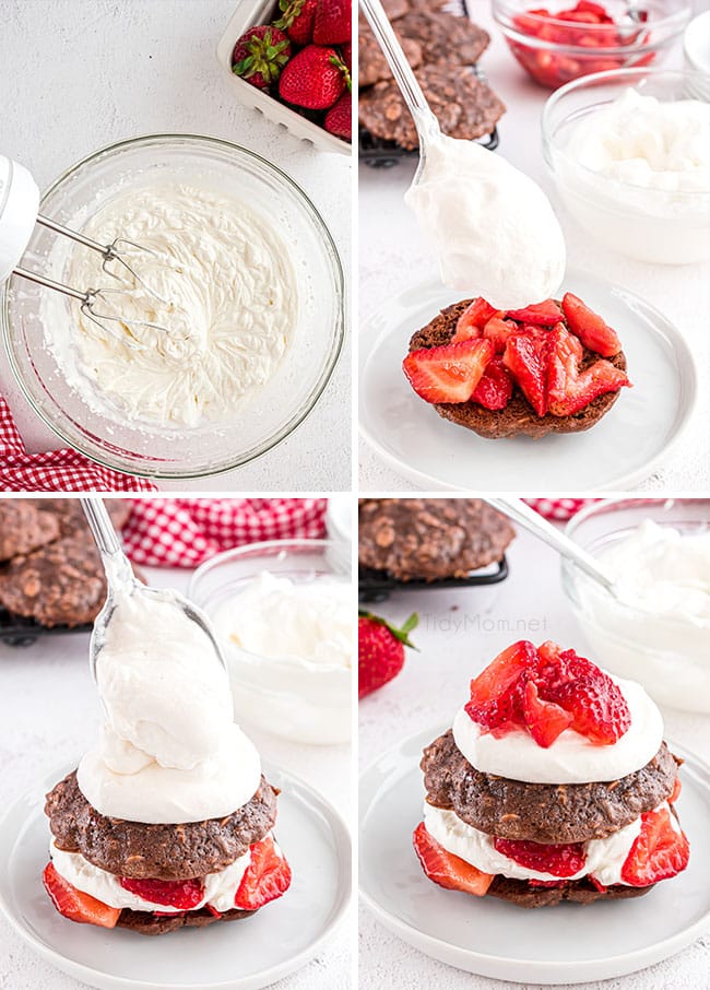 brownies with strawberries and homemade whipped cream photo collage